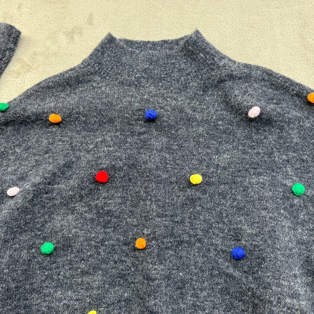 Sugar Lips Sweater Women XS Gray Pom Pom Mock Neck High Low STT15952